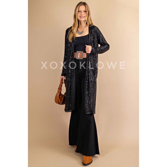 Black SEQUIN Open Front Duster Long Fully Lined - Picture 10 of 13